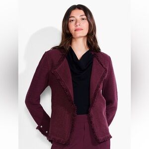 Nic + Zoe Nic+Zoe Fringe Mix Knit Jacket Brown Redwood XL Zipper Pockets Sweater